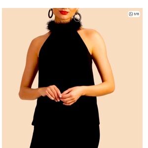 Trina Turk Black Top with Feather Detail NWOT 8